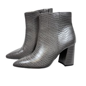 Express Size 6 Gray Croc Embossed Ankle Boots Block Heel Pointed Toe Zipper